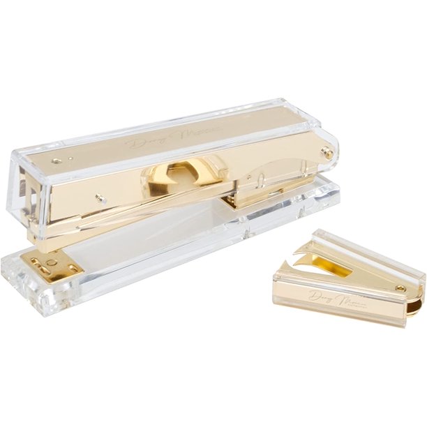 2 grapas acrílicas transparentes + kit de quitagrapas con grapadora de metal dorado.