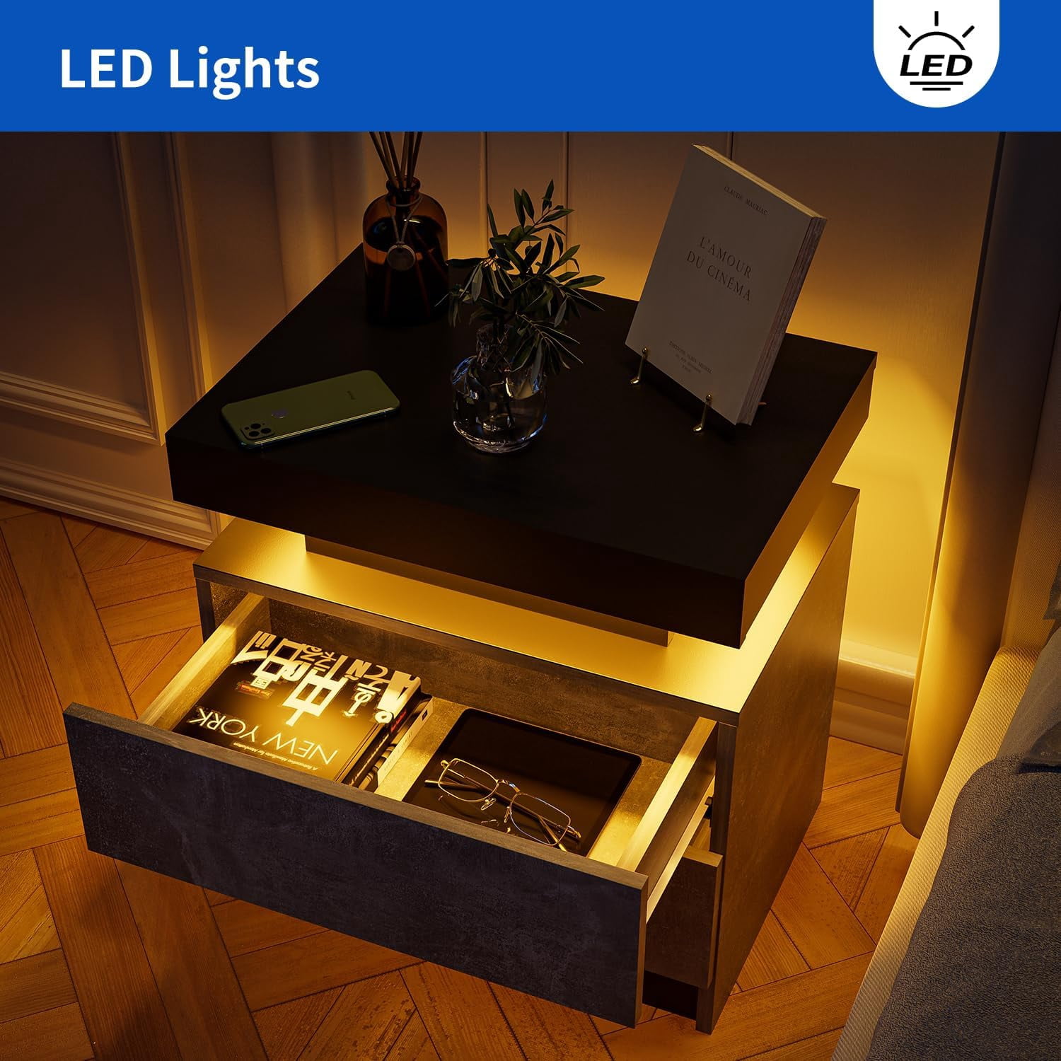 Algherohein Bedroom LED Nightstand Set of 2 with 2 Drawers,Side Tables for Living Room,Gray