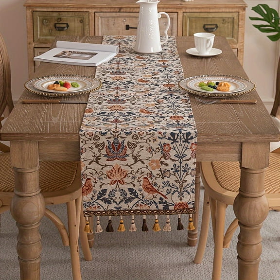 GYTY 1pc Vintage Floral & Bird Jacquard Table Runner with Tassels - Rustic Countryside Style, Polyester, 12.99inch Wide - Perfect for Dining, Coffee & Tea Tables, Tea Table Accessory