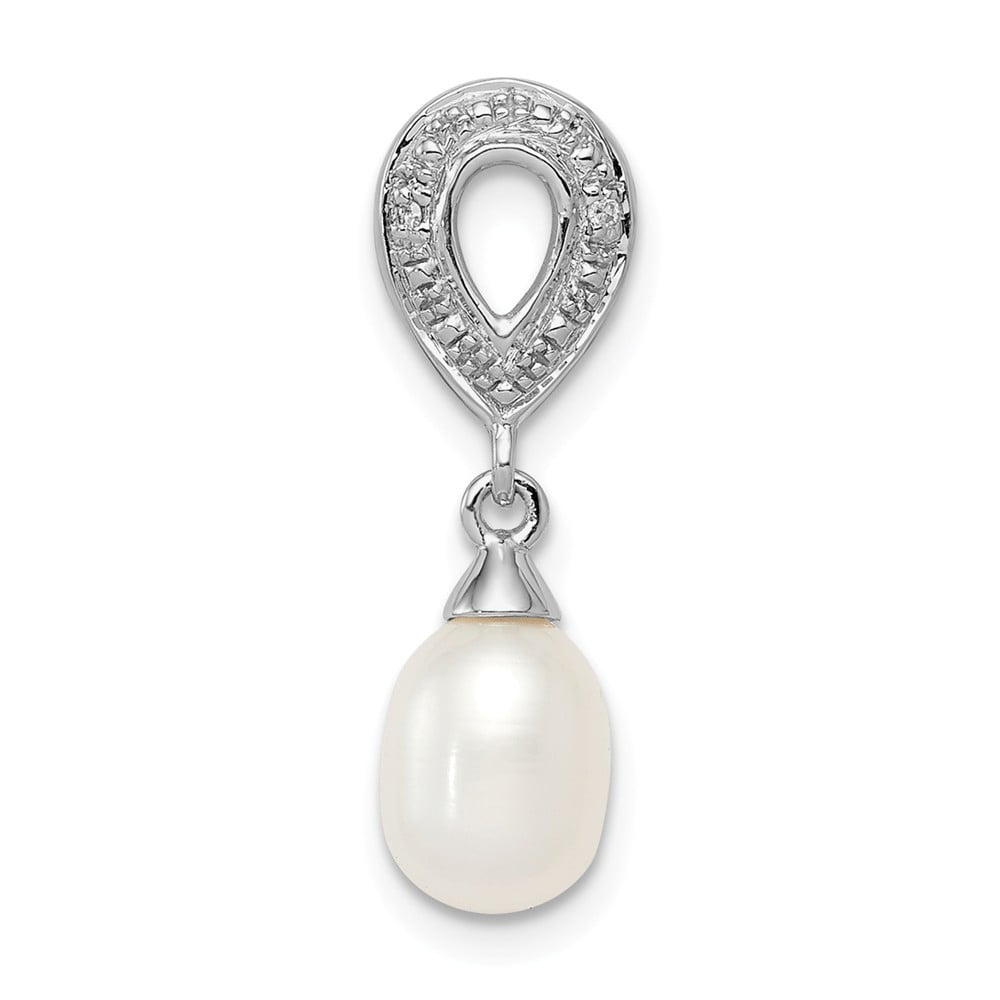 Solid 925 Sterling Silver Diamond Freshwater Cultured Pearl Pendant Charm -  21mm x 7mm (.01 cttw.)