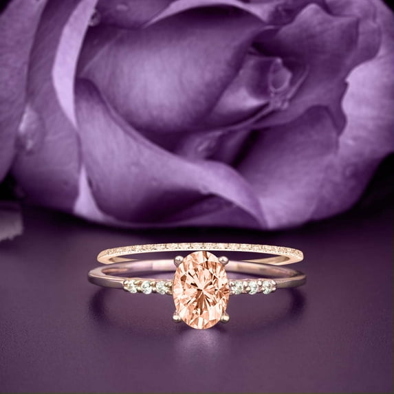Beautiful Unique Art Deco 2.00 Carat Oval Cut Morganite And Diamond Moissanite Engagement Ring, Classic Wedding Ring, One Matching Band in 10k Solid Rose Gold, Gift For Her, Promise Ring, Bridal Set