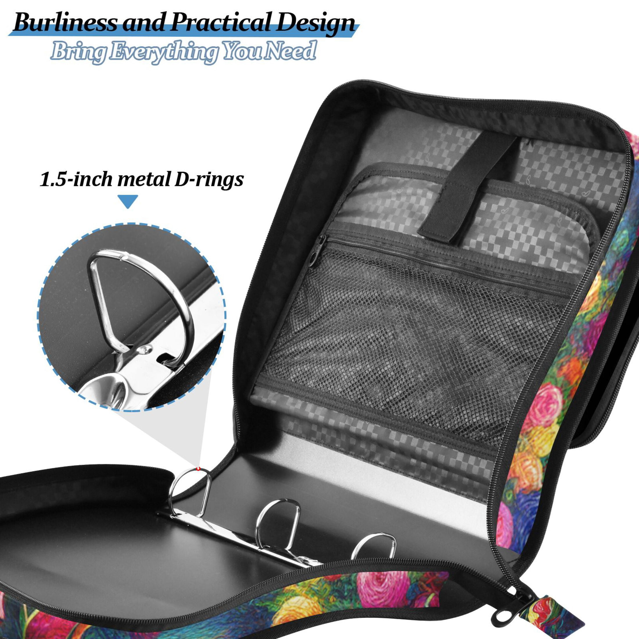 3 Ring Zipper Binder with Shoulder Strap Waterproof Trapper Keeper 2 Inch D-Ring 500 Sheets Capacity Rainbow Rose and Butterflies