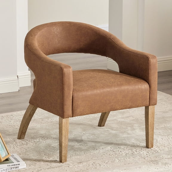 Accent Chair, PU Leather Upholstered Armchair, PAPROOS Barrel Open Back Reading Armchair, Modern Accent Chair with Weathered Solid Wood Legs for Living Room Bedroom, Club, Brown