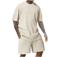 thumbnail image 3 of VBTAPA Mens Summer 2 Piece Outfits Solid Color Knitting Cotton T Shirt and Shorts Set Loose Comfy Lounge Track Suit Sets with Pockets Beige S, 3 of 7