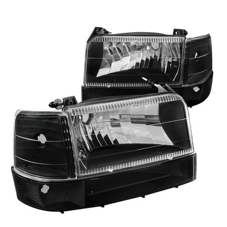 Ford Bronco Headlamp Headlight - Spec-D Tuning For 1992-1996 Ford F150 Bronco Black Headlights + Bumper Lights Signal Lights + Corner Lights Lamps 1992 1993 1994 1995 1996 (Left+Right)