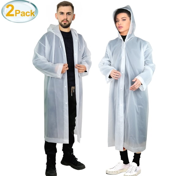2 Pack Reusable Waterproof Rain Ponchos for Adults Men Women, Heavy Duty EVA Clear Raincoat with Hood, Durable & Eco-Friendly Emergency Rainwear for Outdoor Activities