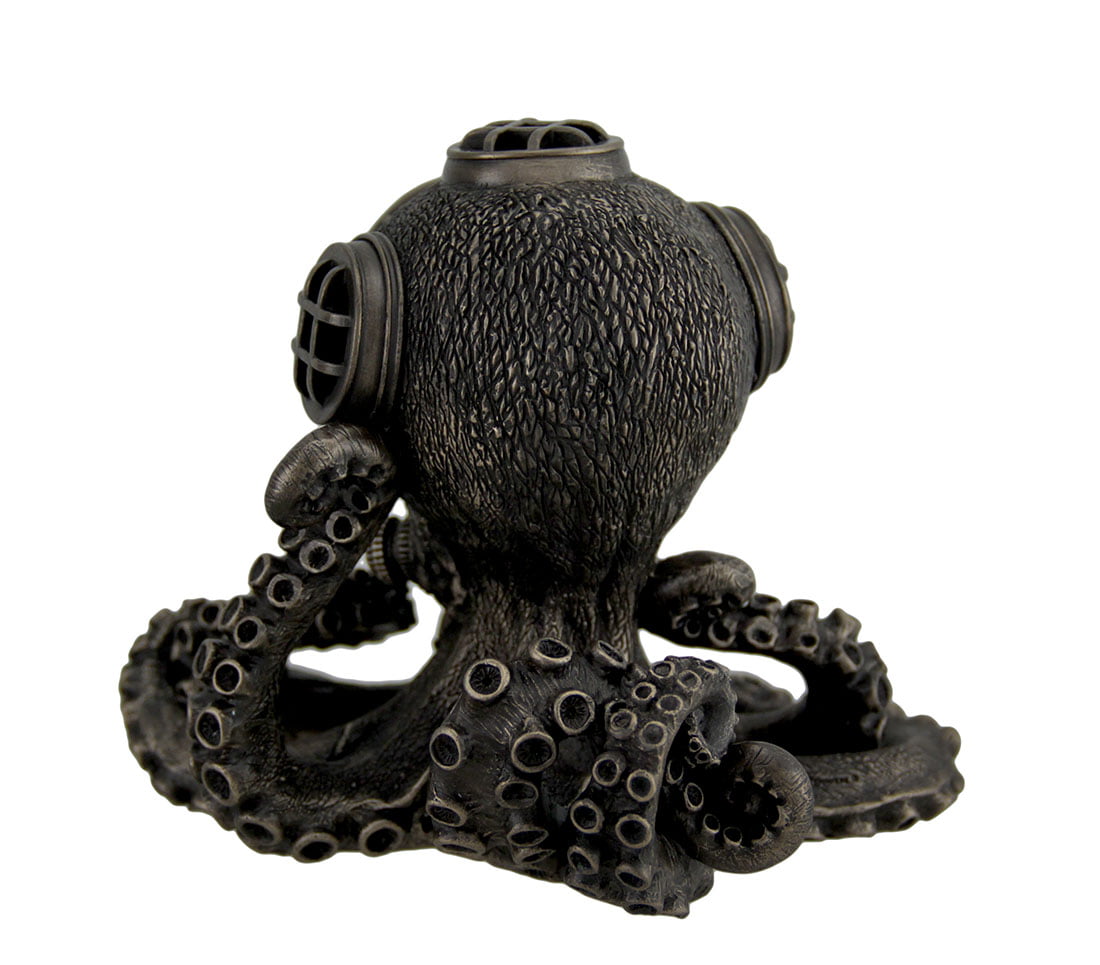 Nautical Steampunk Octopus Desk Clock Diving Helmet Statue Sculpture Bronze Colr