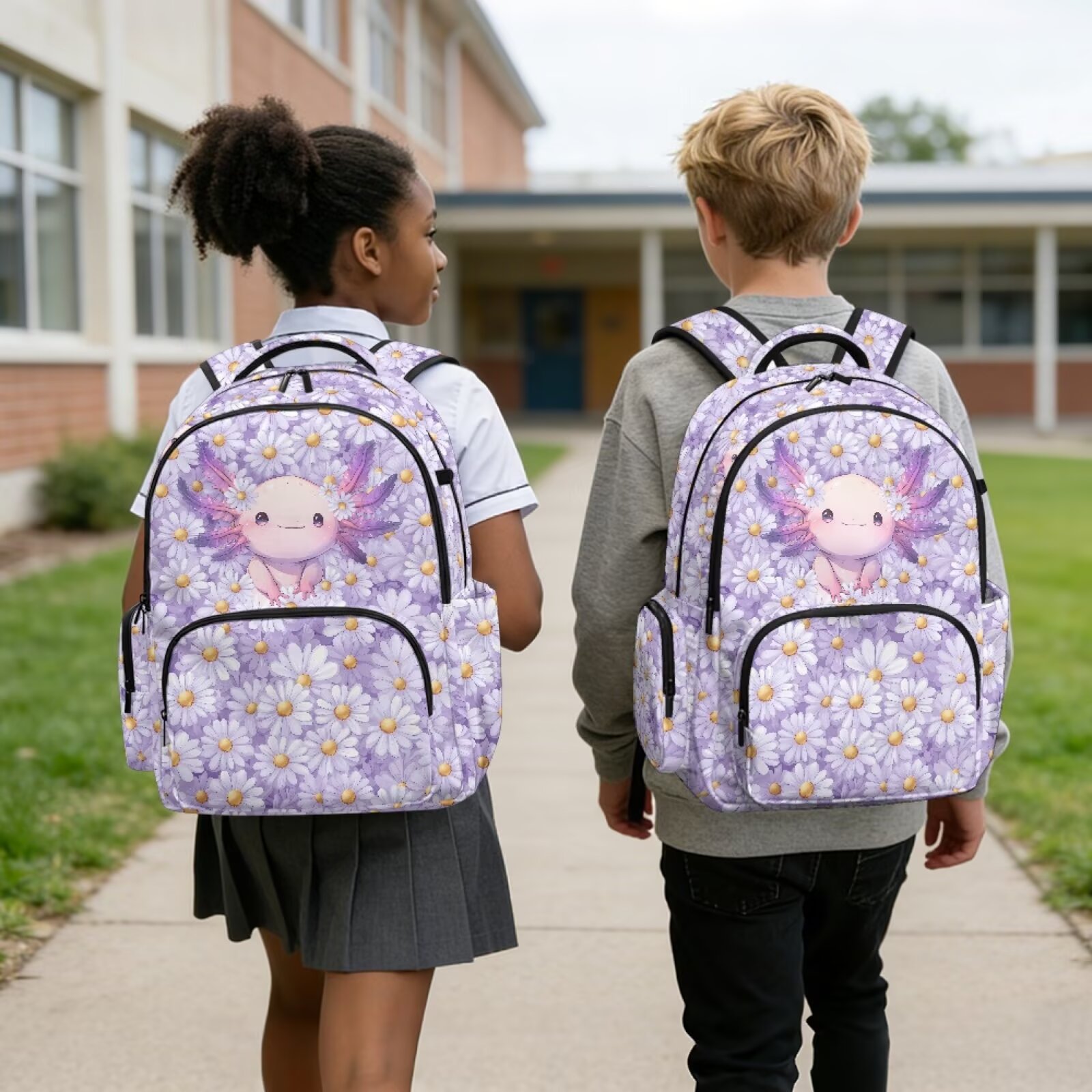 Mochila escolar de 17 pulgadas con estampado de axolote y margaritas moradas, espaciosa, con múltiples bolsillos, ligera para adolescentes y niños 4