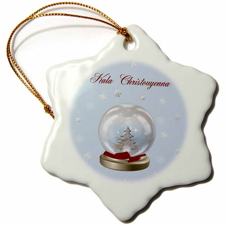 Snowglobe Ornament - 3dRose Snow Globe Deer, Tree and Snowflakes, Merry Christmas in Greek - Snowflake Ornament, 3-inch