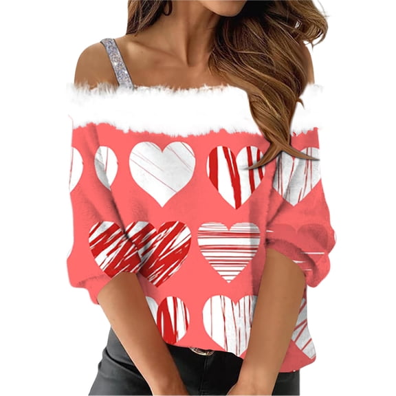 Gkeoshab 2026 Women's Valentine's Day Off Shoulder Top Print Sleeveless Blouse with Fur Collar Romper Top Pink L
