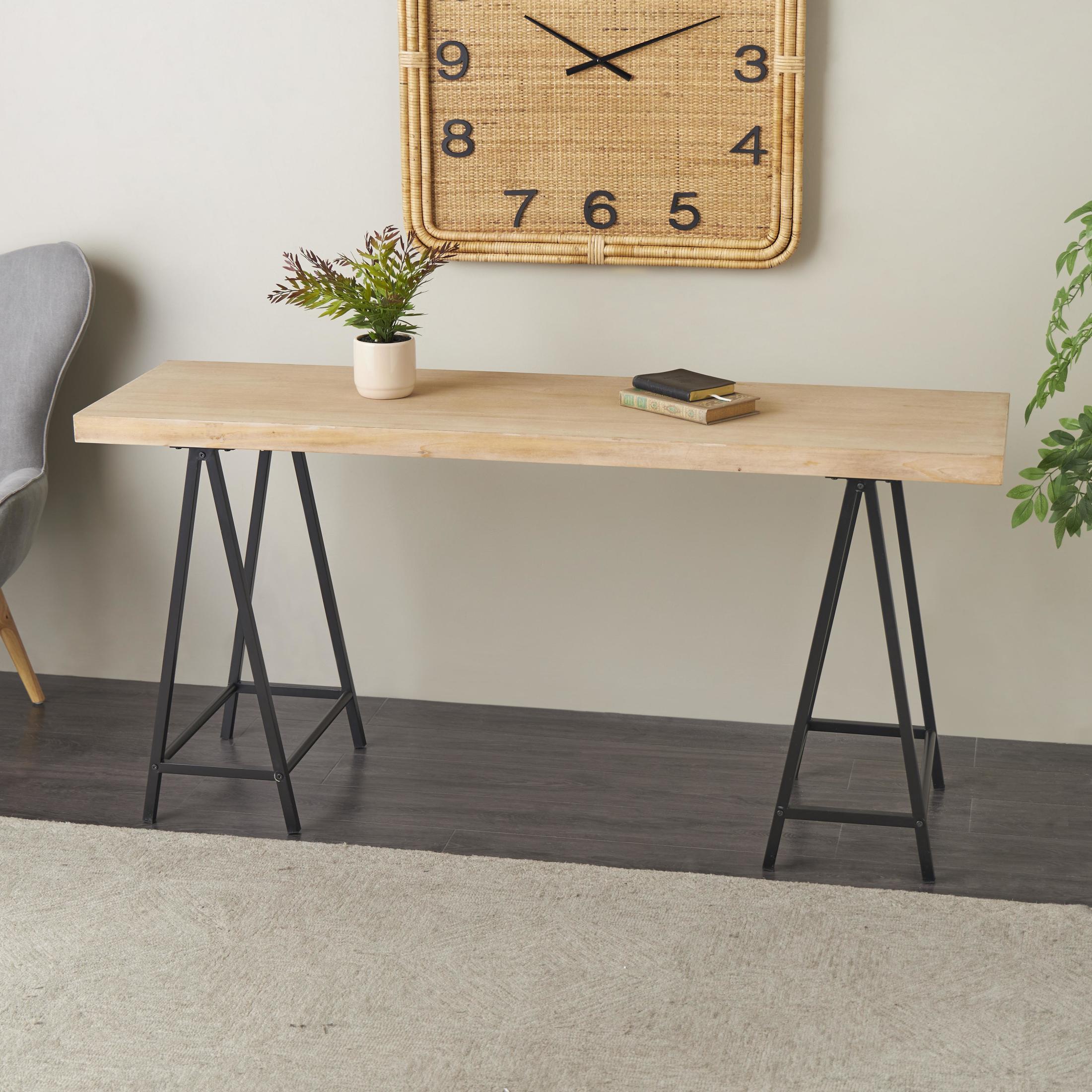 DecMode 63" x 28" Brown Wooden Rectangular Console Table with Black Metal Supports, 1-Piece