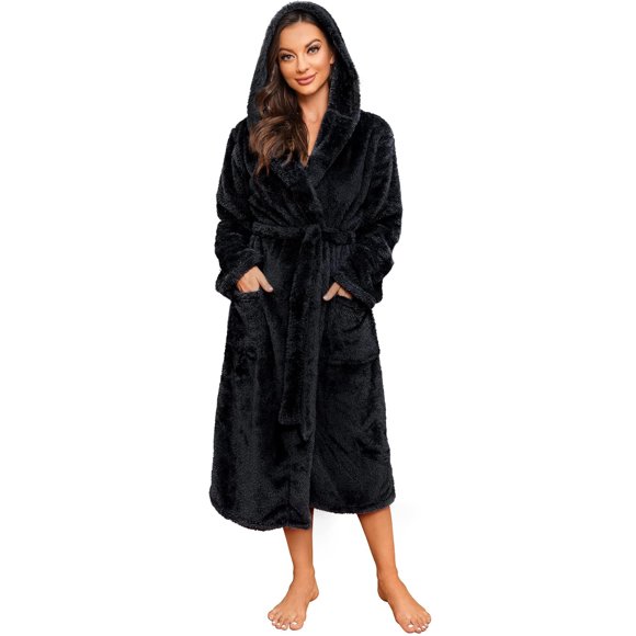 HEARTNICE Womens Hooded Fleece Robe, Long Fluffy Thick Warm Plush Bathrobe,(Black,L-XL)
