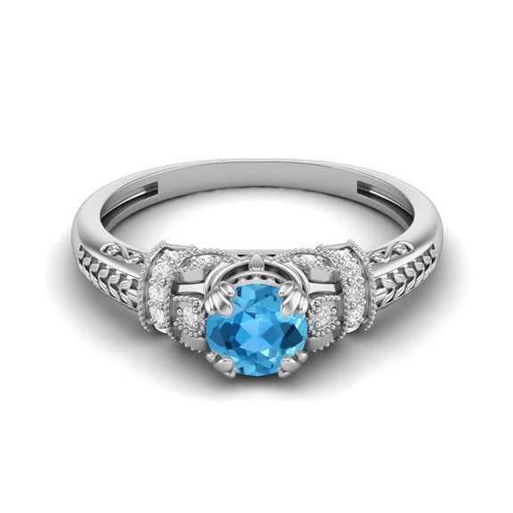 Mooneye 5 mm Round Swiss Blue Topaz 925 Sterling Silver Blossom Design Valentines Day Gift Ring