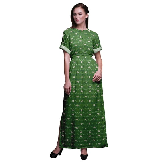 Bimba Rayon Blue & White Flower Floral Printed Gown Kimono Sleeves Summer Long Maxi Slit Dress-XXX-Large