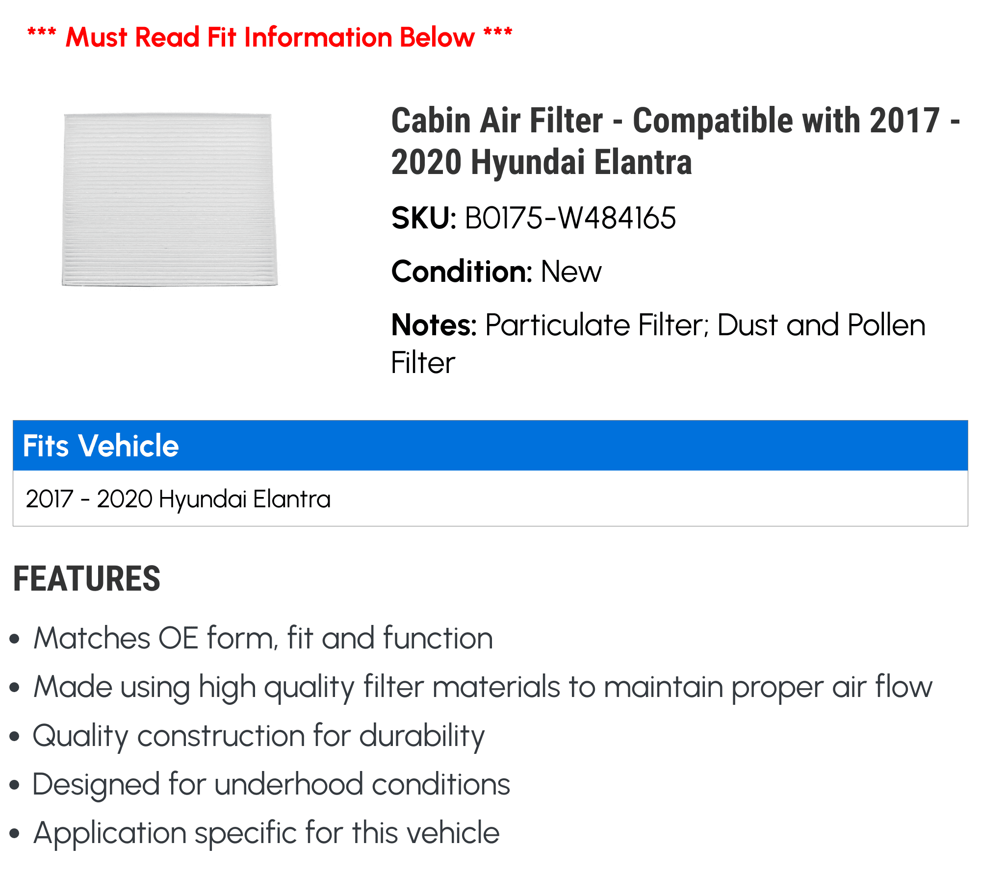 Cabin Air Filter - Compatible with 2017 - 2020 Hyundai Elantra 2018 2019