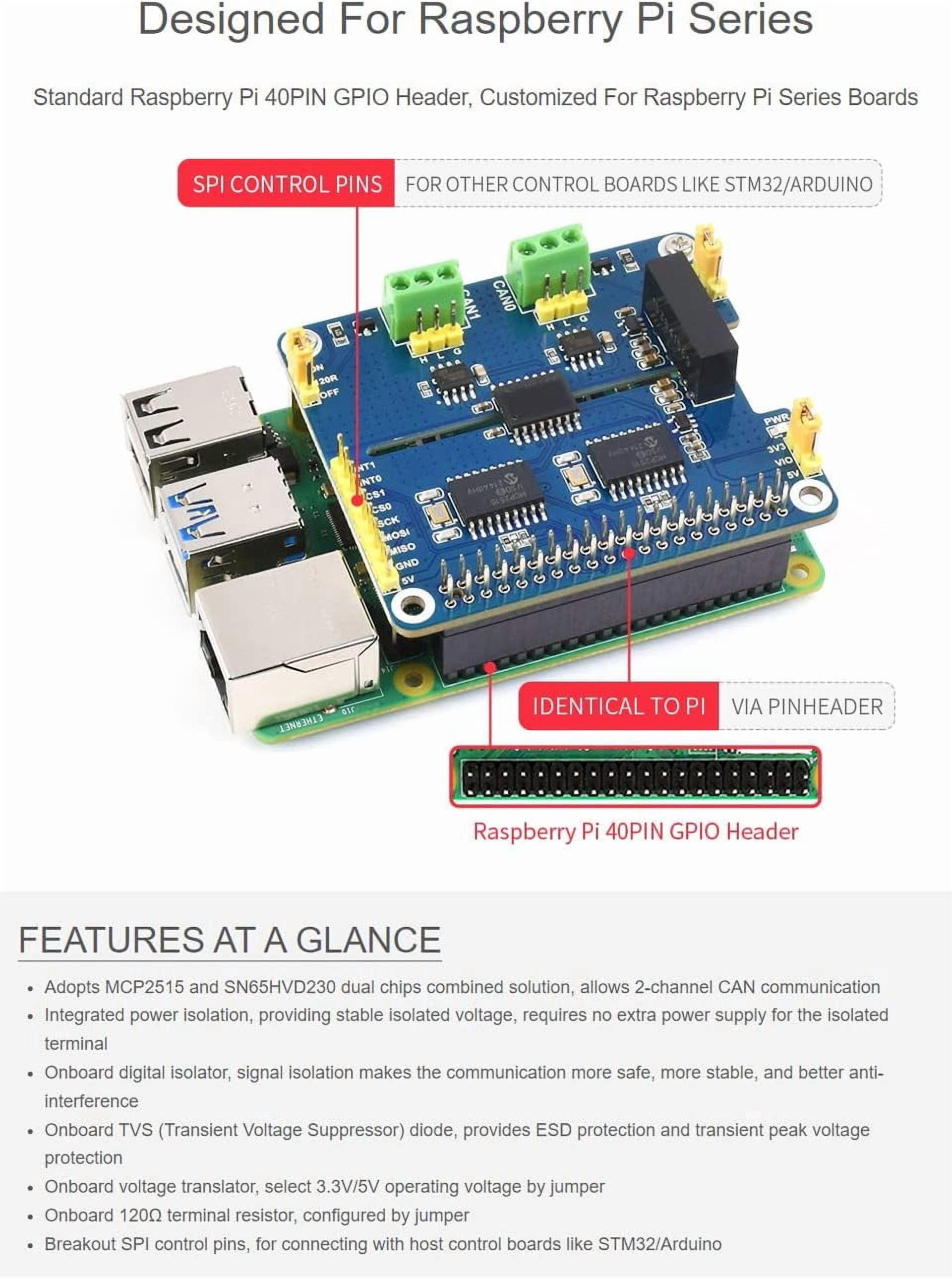 Isolated CAN Expansion Board 2 Channel Compatible with 4B/3B+/3B etc. Series Boards
