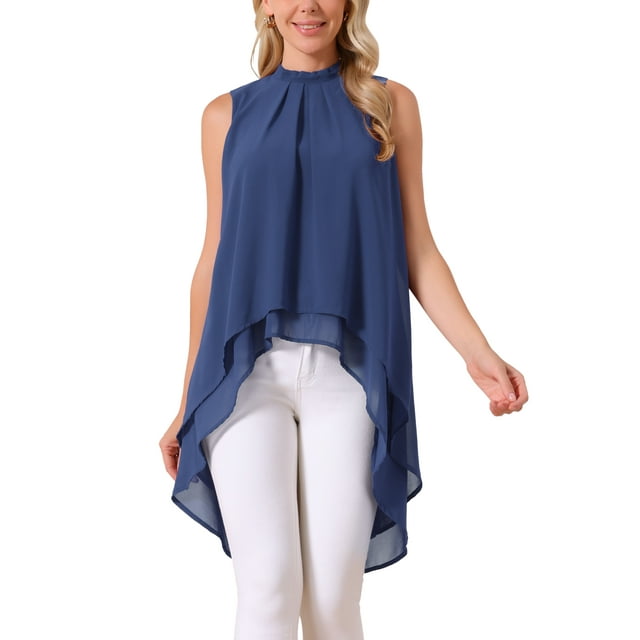 INSPIRAR CHIC Blusas sin mangas de gasa para mujer con cuello alto, lazo en la espalda, dobladillo asimétrico, camiseta de verano M azul oscuro