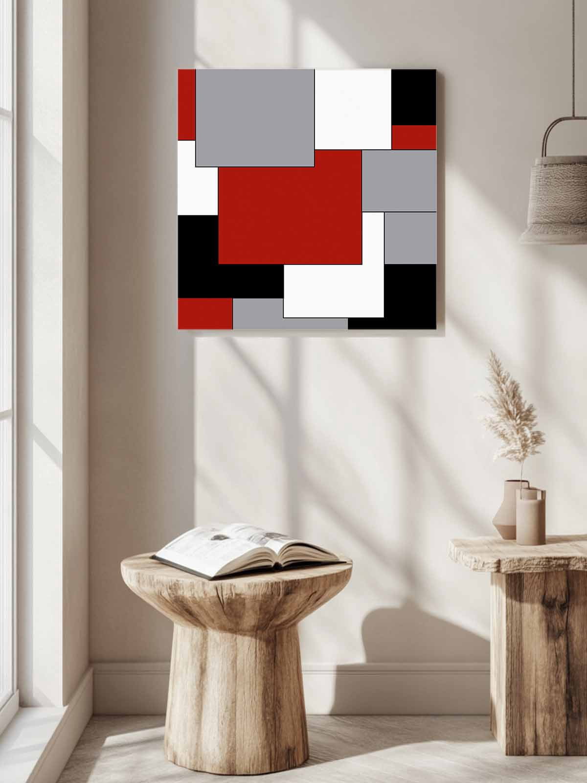 Abstract Art Canvas Wall Art, Patchwork Red Black and Grey Framed Wall Decor Modern Artwork Prints Painting for Living Room, Bedroom, Kitchen & Cafe Decor 16x16 Inch