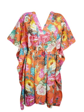 Mogul Women Orange Pink Floral Tunic Dress Cotton Kimono Sleeves Knee Length Comfy Loose Kaftan Beach Cover Up Short Caftan Dresses 2X