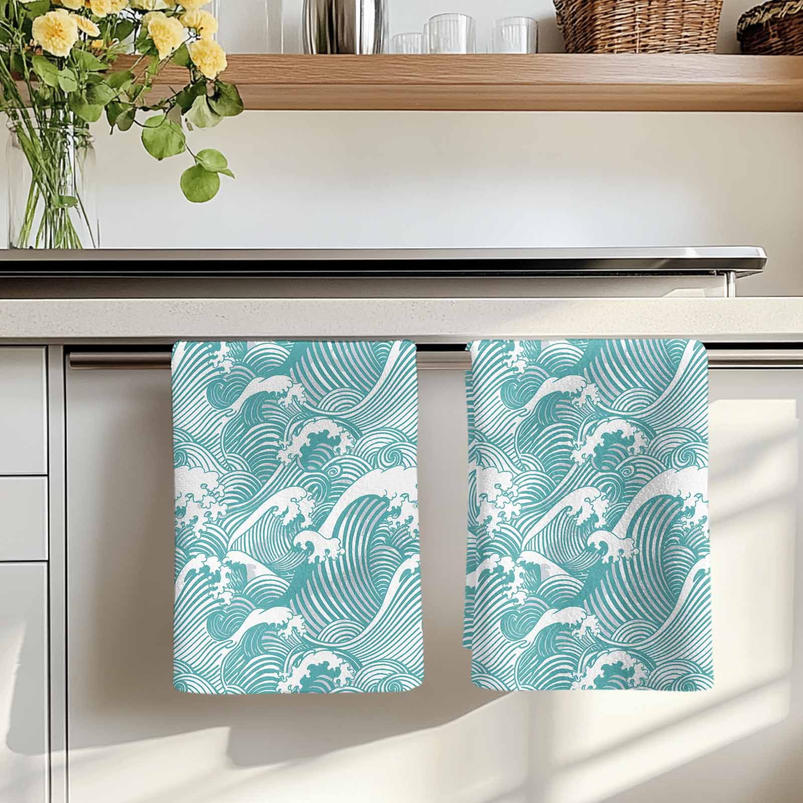 Dish Towels, Turquoise Waves Absorbent Kitchen Towels 2 PCS, Ocean Lines Stripes Microfiber Hand Towels Dish Cloths Tea Towels for Home&nbsp;Bathroom Cleaning Drying,18X28-Inch,