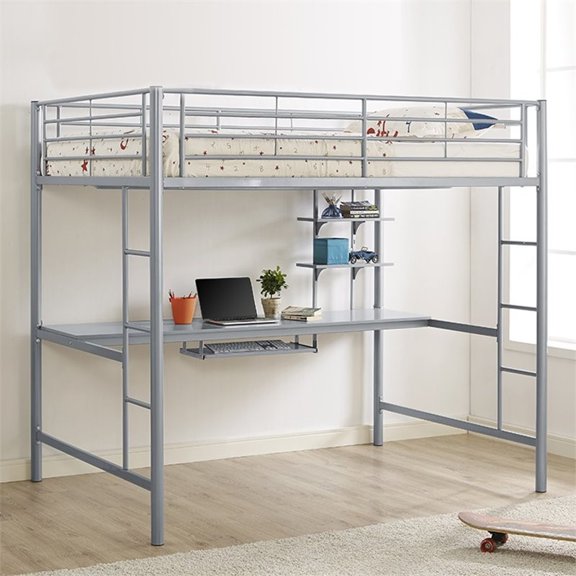 Pemberly Row Metal Full Loft Bed with Workstation in Gray