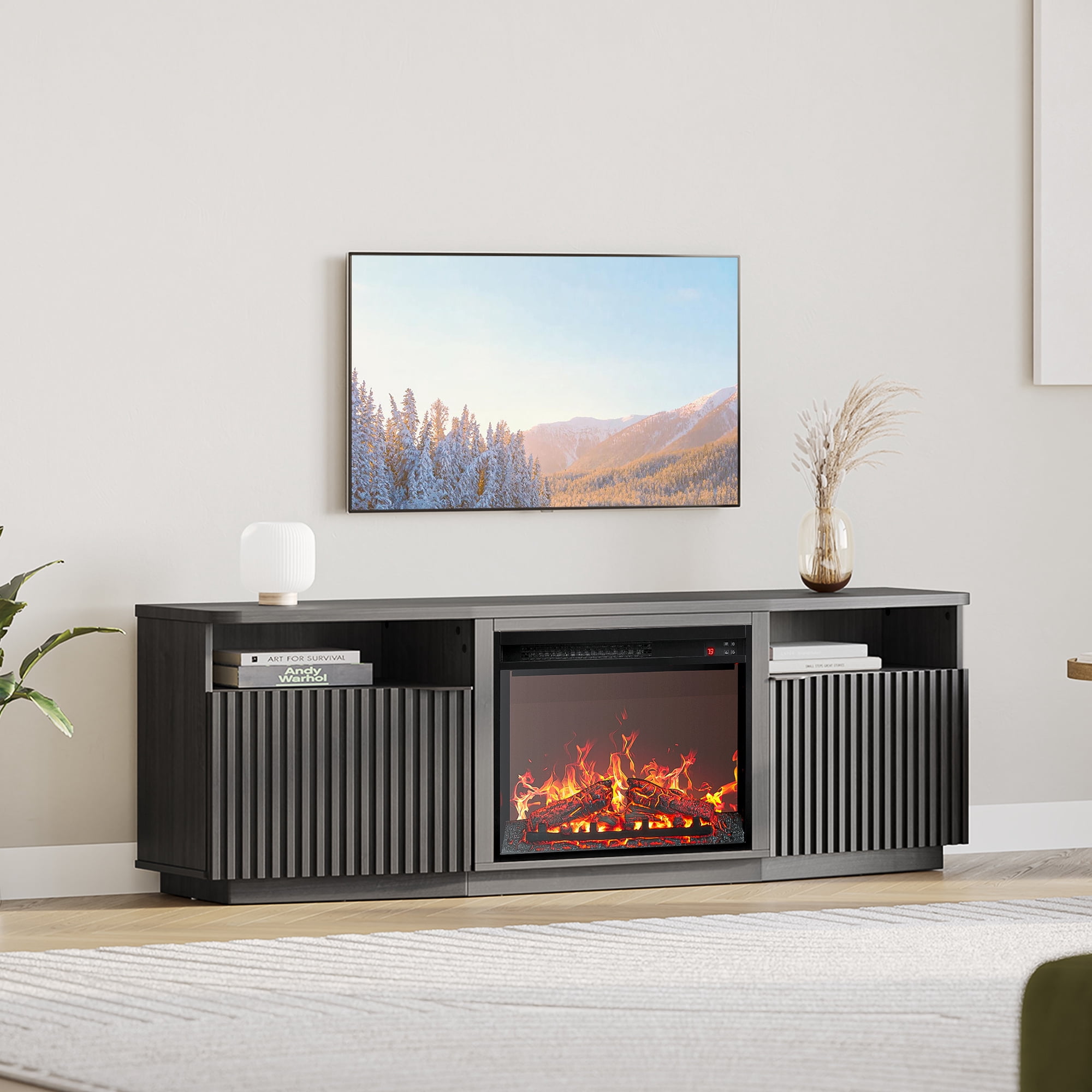BELLEZE TV Stand with 23" Electric Fireplace Heater, 68" Entertainment Center for TV Up to 75", Media Console Table with Cable Management for Living Room, Bedroom - Ebony