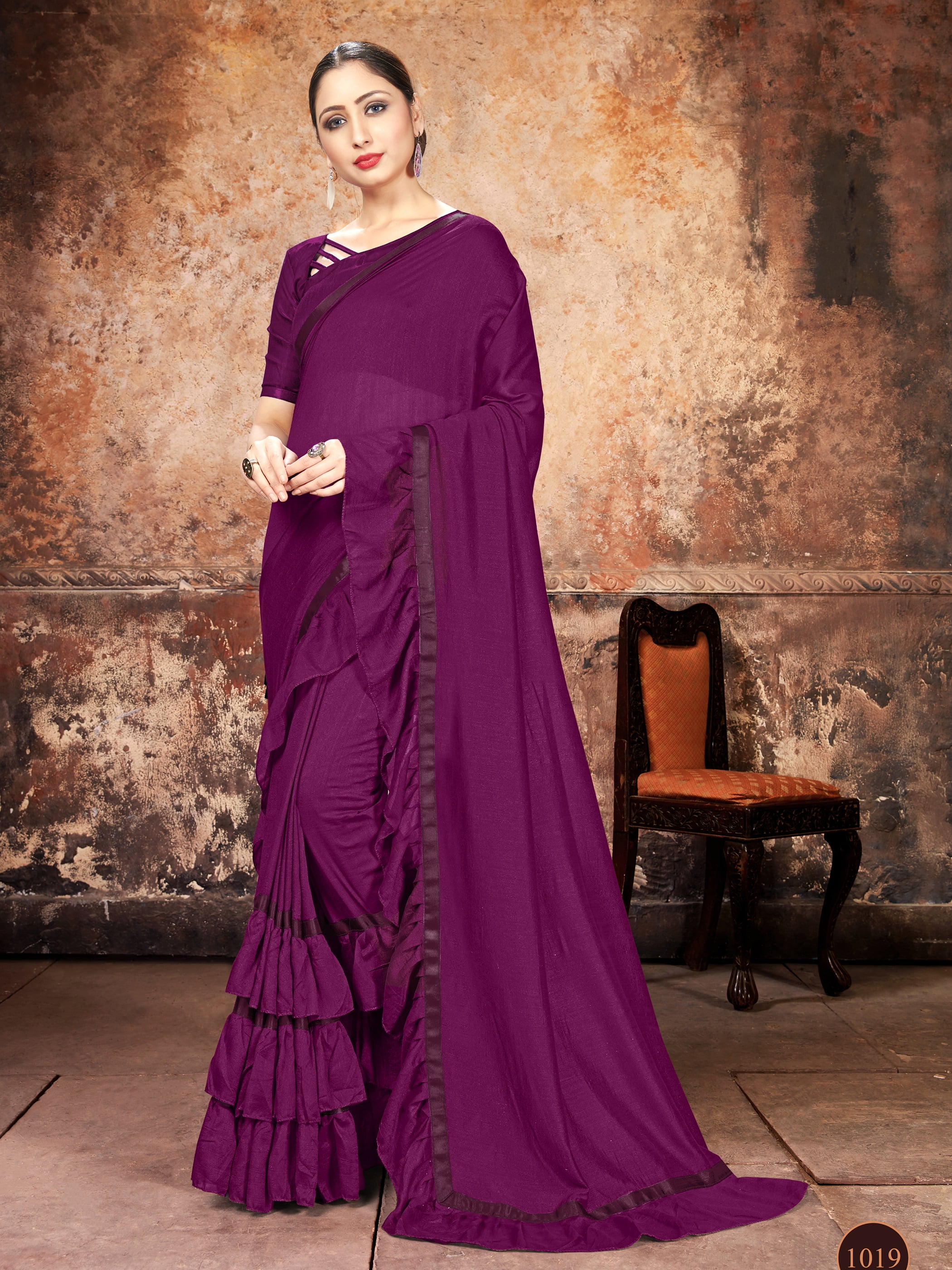 Plain Frill saree with printed blouse