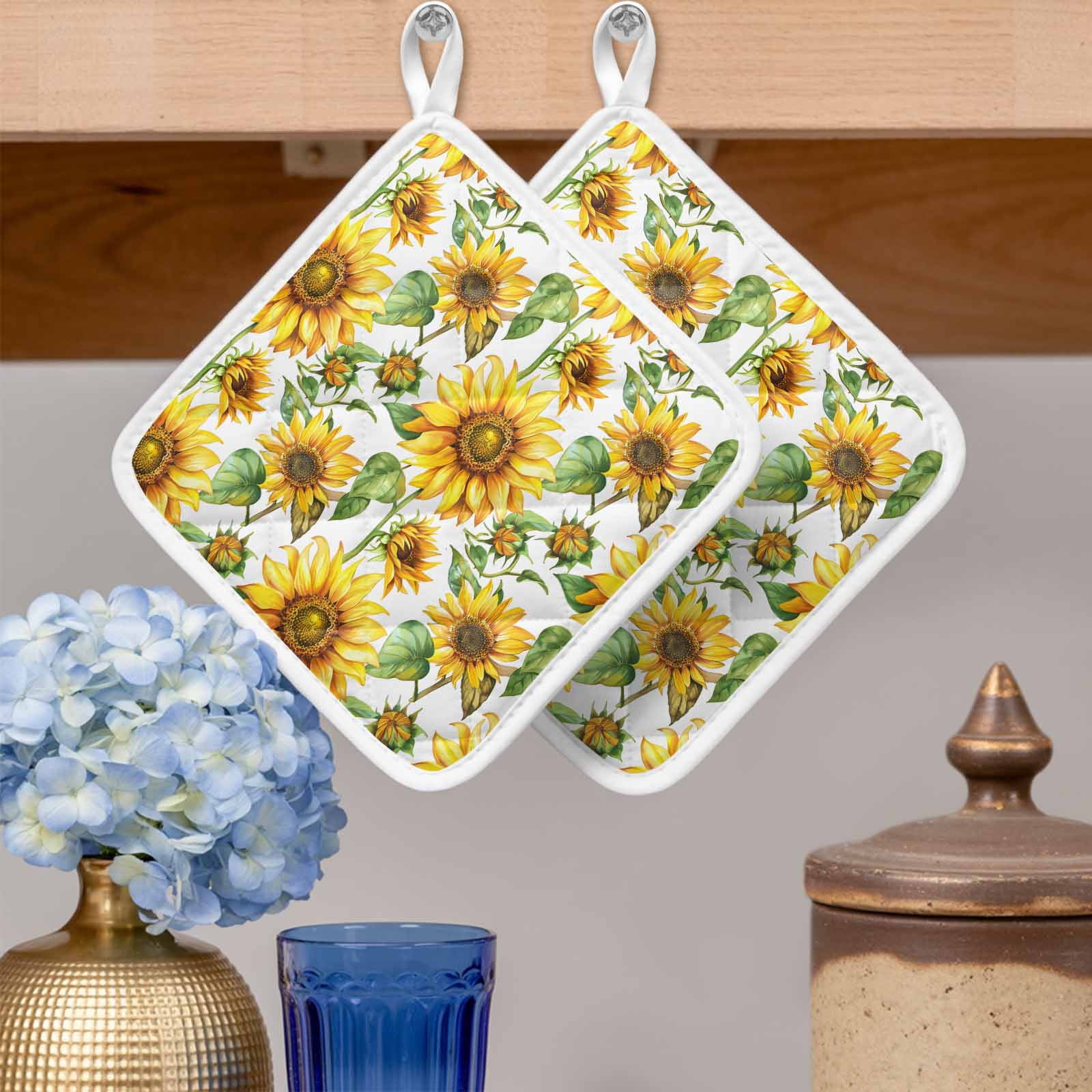 Sunflower Pot Holders for Kitchen Heatproof Potholder, 3 Pack Yellow Green Botanical Summer Rustic Hot Pads Multipurpose Oven Pads Cloth Potholders Trivet for Cooking Baking