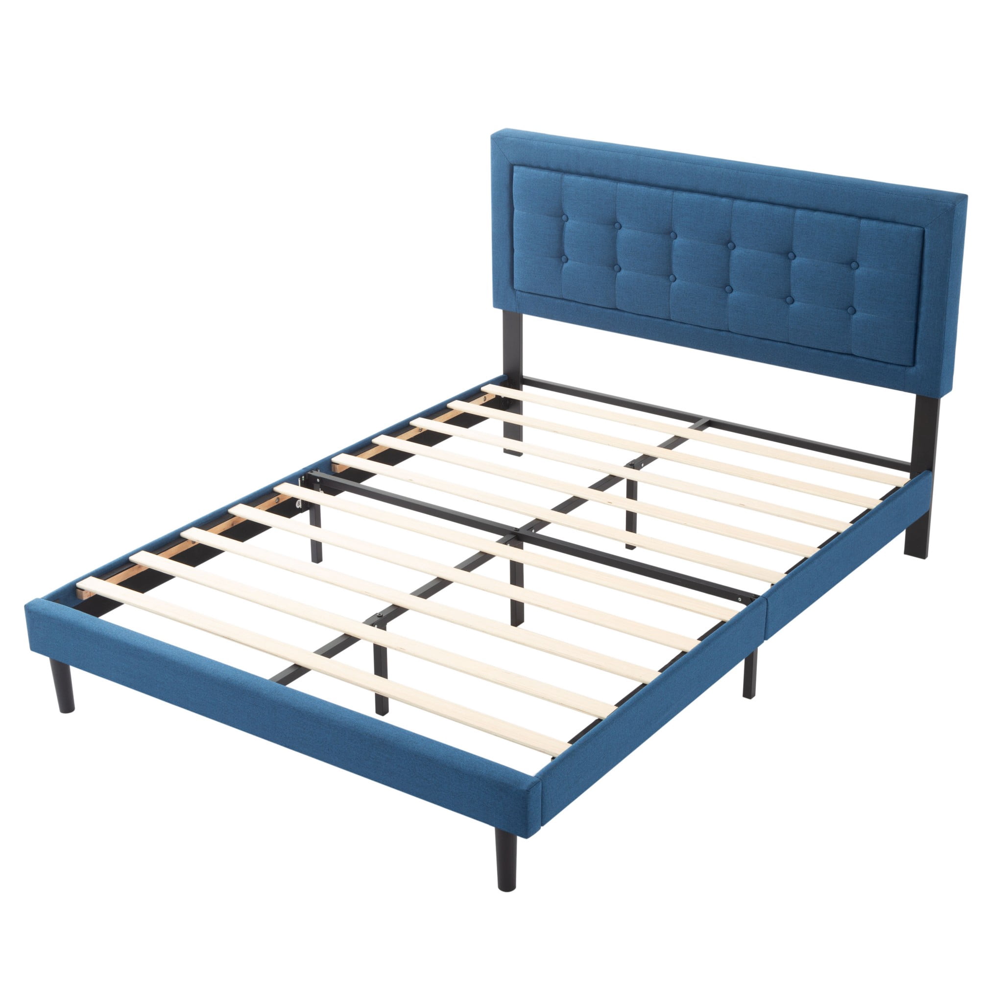 BSHTI Queen Size Platform Bed Frame with Square Tufted Upholstered Headboard – Solid Wood Frame, 12 Wood Slats, Center Support Leg, Under-Bed Clearance, No Box Spring Needed
