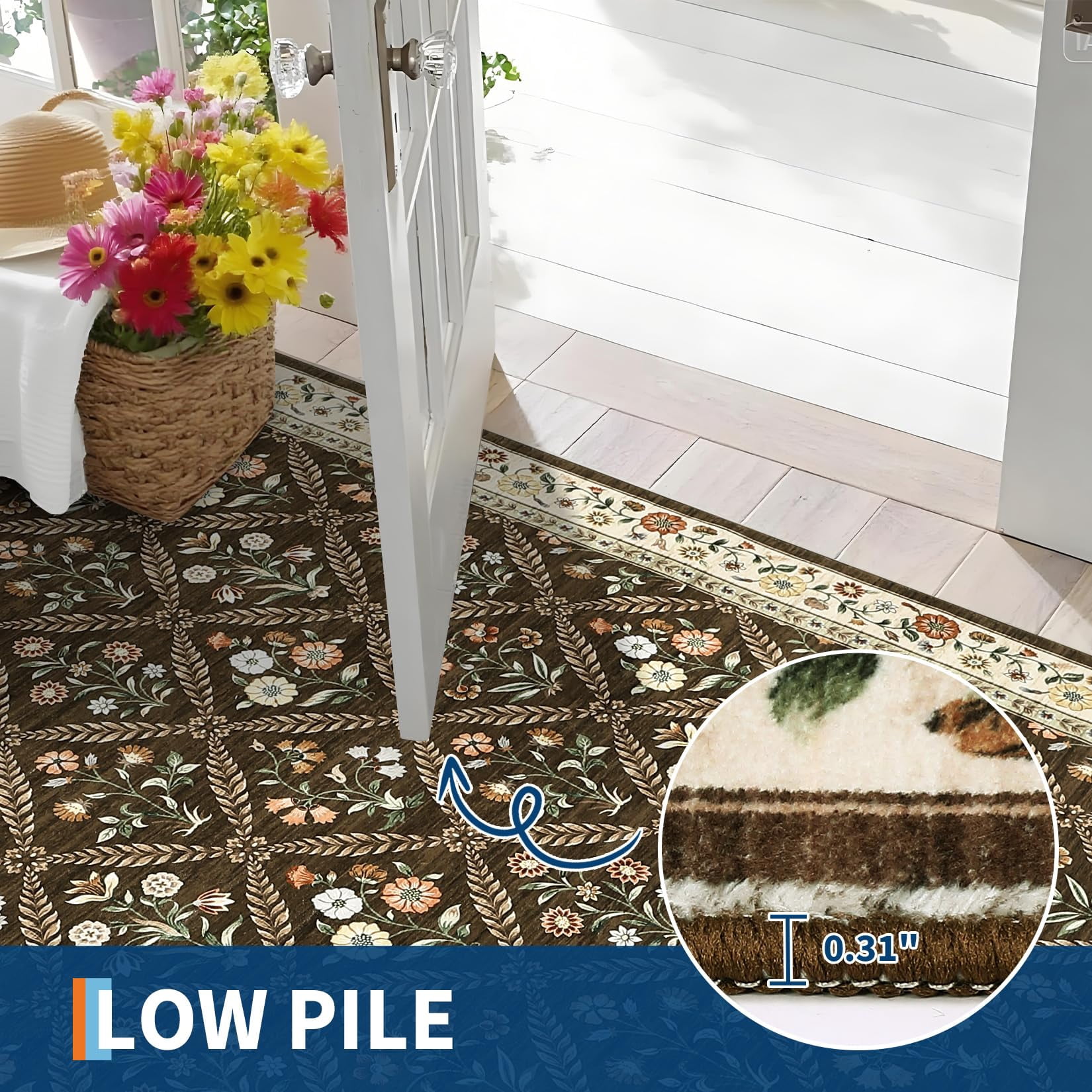 COZONY 9x12 Washable Area Rug, Distressed Vintage Floral, Non-Slip Low Pile Soft Rug for Living Room, Bedroom, Dining Room, Farmhouse Decor, Brown