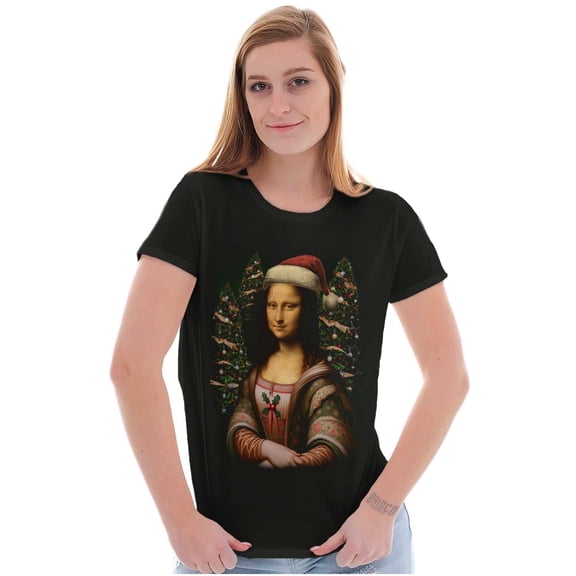 Christmas Mona Lisa Santa Claus Womens Slim Fit Graphic Tee Brisco Brands S