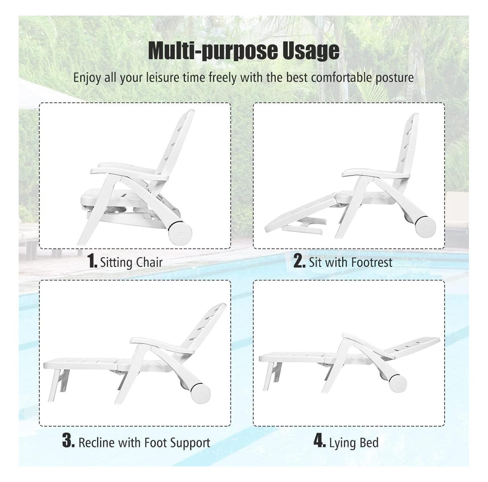 Moccha Plastic Folding Lounge Chair, 5-Position Adjustable Chaise Lounge with 2 Rolling Wheels, Armrest, Outdoor Chaise Chair for Patio, Beach, Backyard, Poolside, Home (1, White)