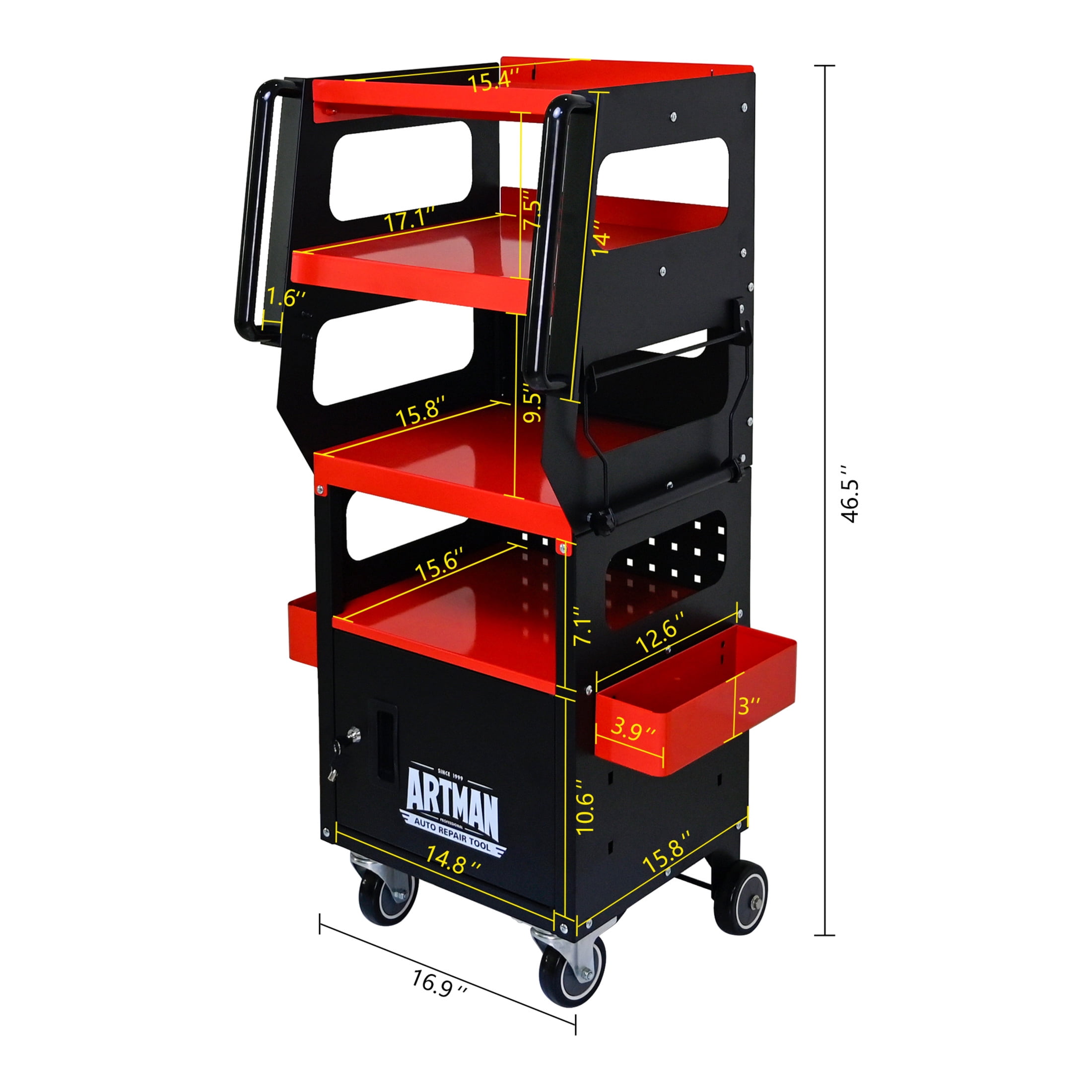 Noble House 17" 4-Level Multi-functional Diagnostic Trolley, Car Equipment Cart with Locking Cabinet, Black & Red