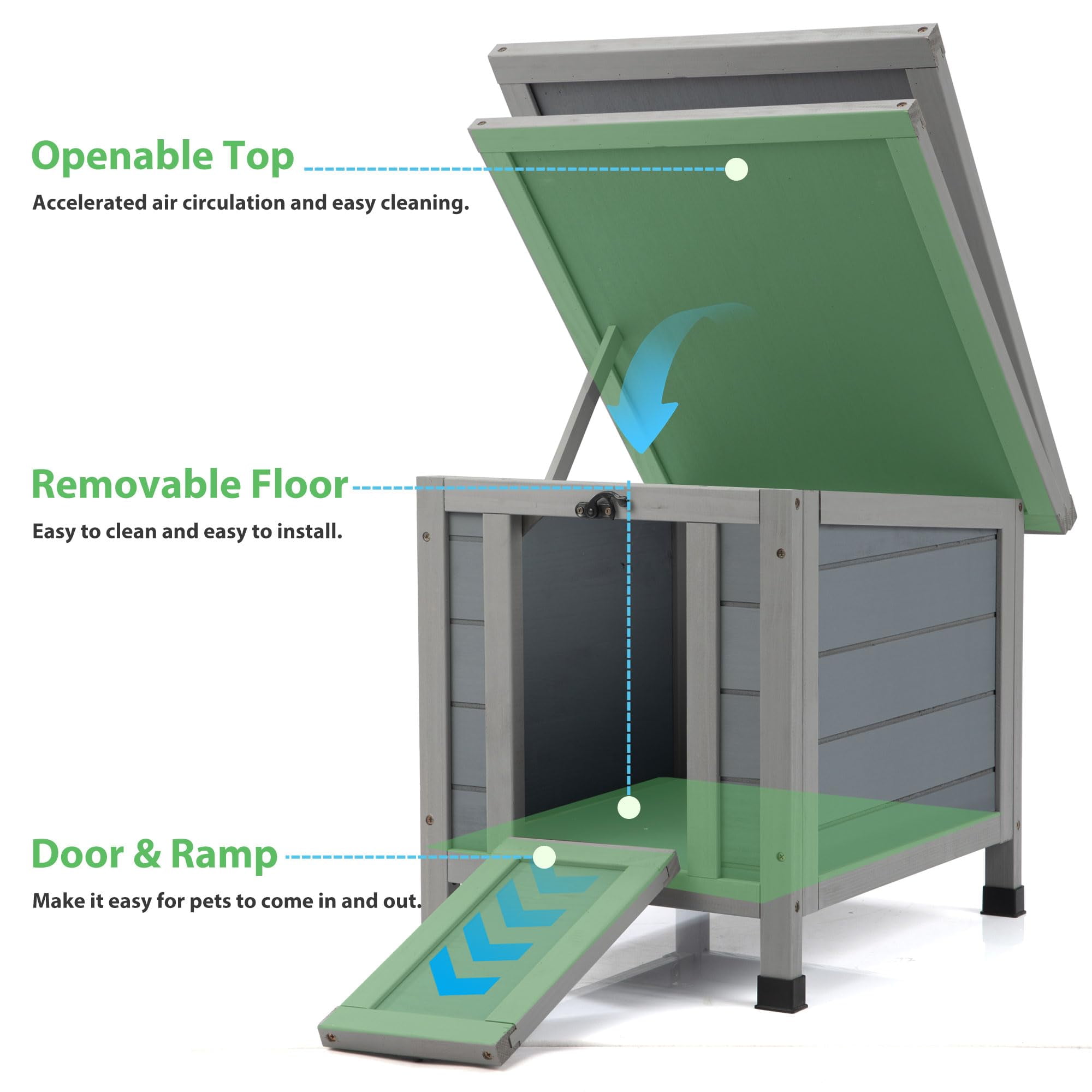 Rabbit hutch, outdoor cat house, weatherproof indoor rabbit hutch with opening door, portable small animal shelter with non-slip ramp