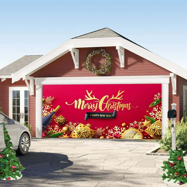 Large Merry Christmas Garage Door Mural Decorations for Holiday Party Event Signage in 7x16 Feet Size