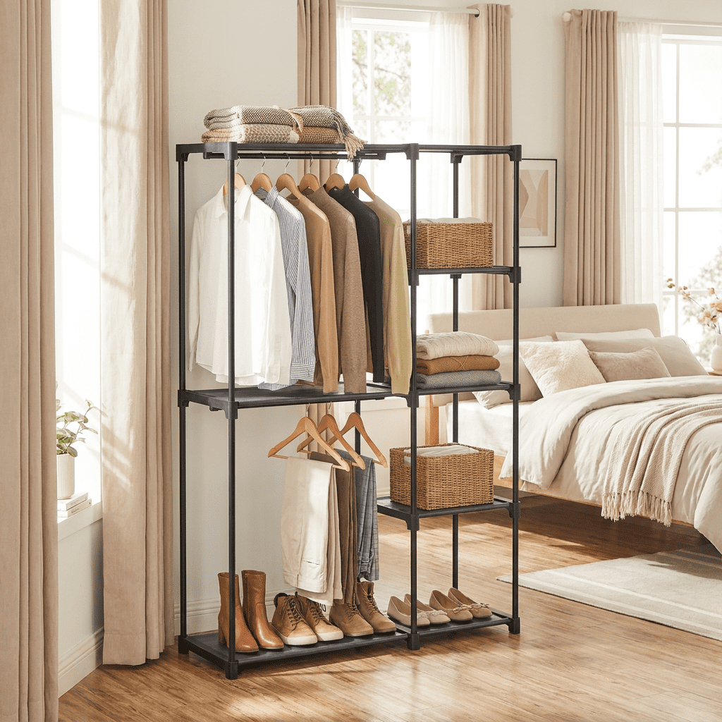 Ledrem Gray Freestanding Closet Organizer, Portable Wardrobe Rack with 4 Shelves & 2 Hanging Rods, Steel