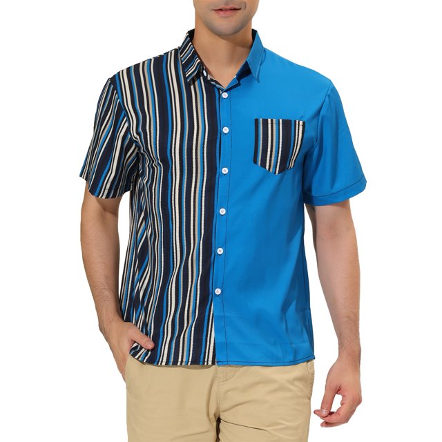 INSPIRE CHIC Men's Shirts Short Sleeve Summer Cotton Patchwork Button Down Shirts M Sky Blue