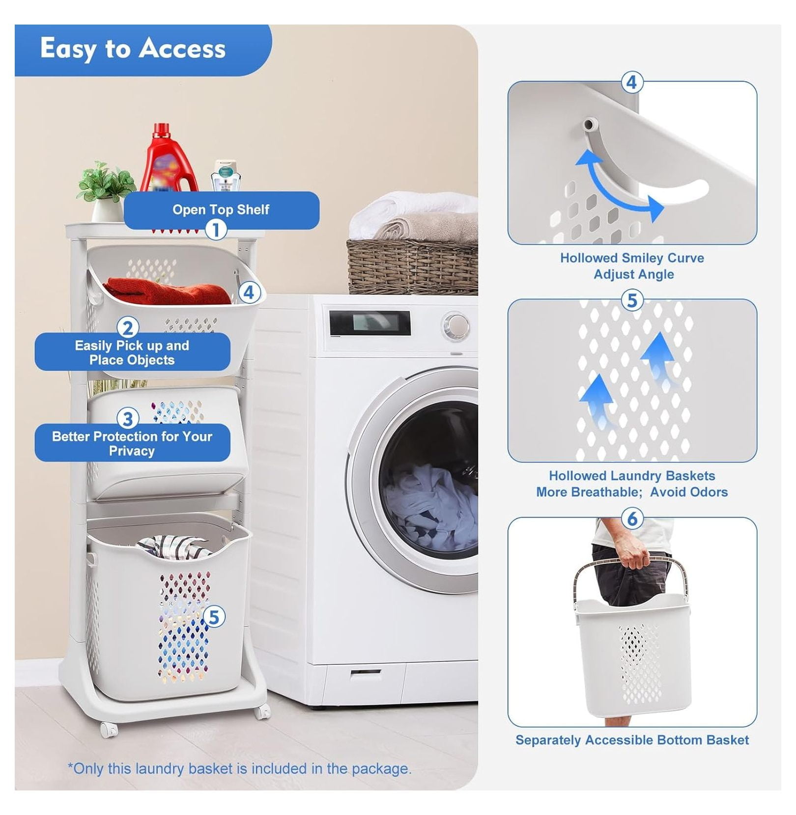 3 Tier Laundry Hamper, Rolling Laundry Sorter Basket 43.3'', Clothes Storage Organizer for Bathroom, Bedroom, 17.3x24x43.3 inches, PP Material