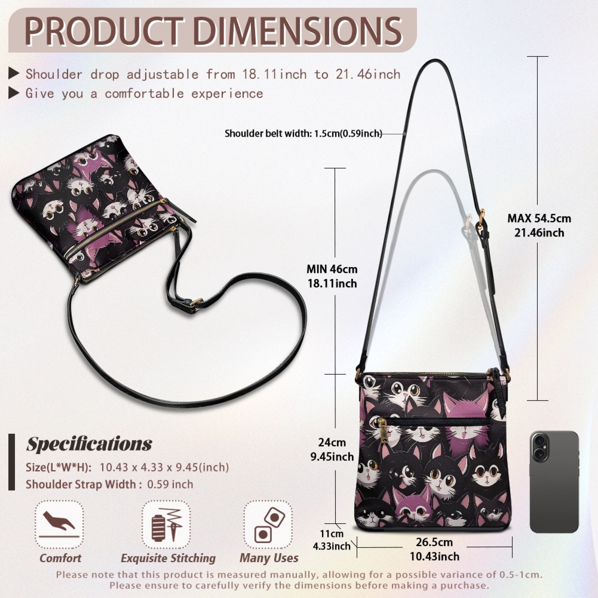 Kuiaobaty Kitten Print Crossbody Bag for Women Medium Size, Roomy Multi Pockets Messenger Purse Crossbody with Adjustable Shoulder Strap, Portable Satchel Purse for Travel & Shopping