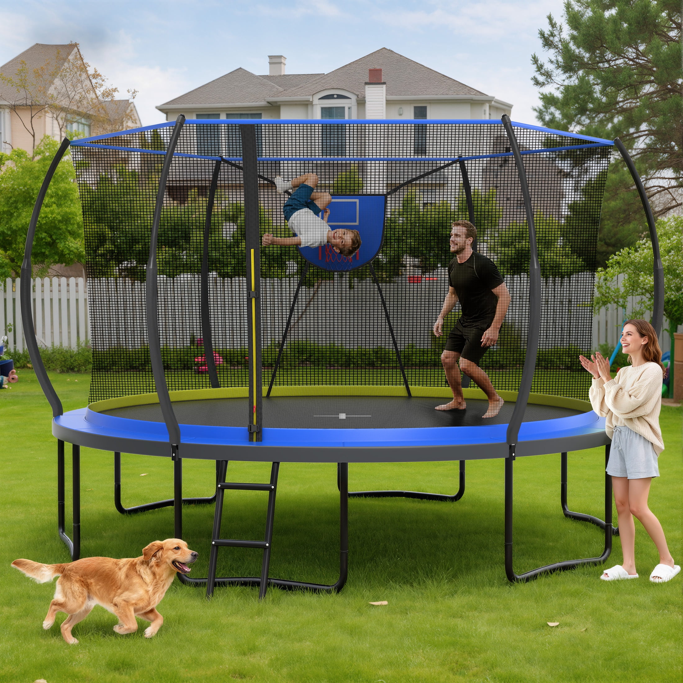 12FT Trampoline Outdoor with No-gap Design, SHINPT Trampoline for Kids Indoor, Outdoor Play Equipment with Basketball Hoop, Toddler Trampoline with Enclosure Net, Recreational Trampoline for Gift