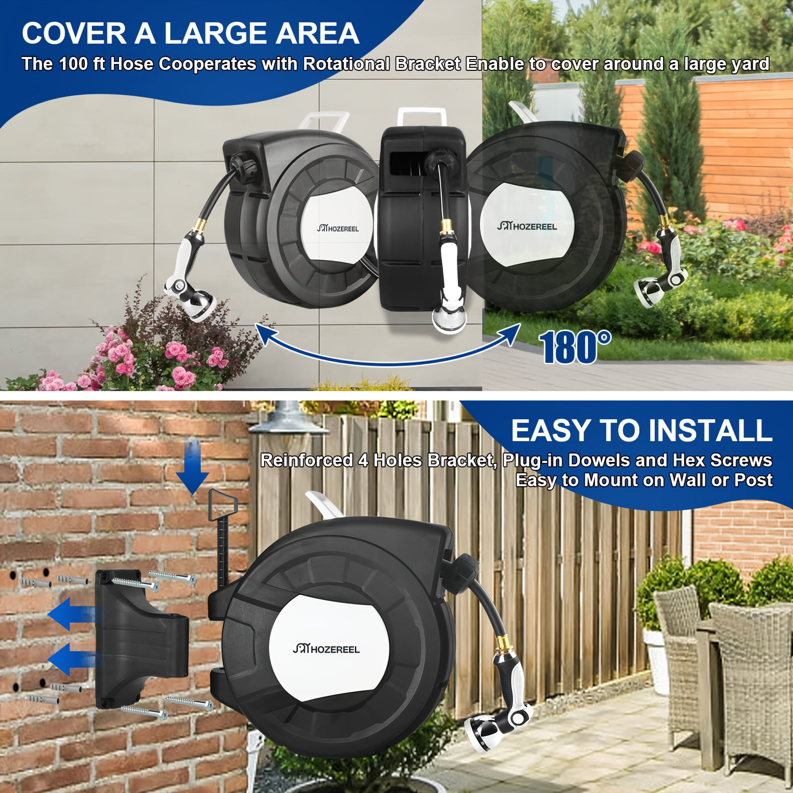 HOZEREEL 100-Ft x 1/2"  Retractable Garden Hose Reel, Decorative Outdoor Garden Hose Reel—Automatic Retractable Wall-Mounted Hose Reel with Enclosed Storage, Lockable at Any Length, 10-Type Nozzle