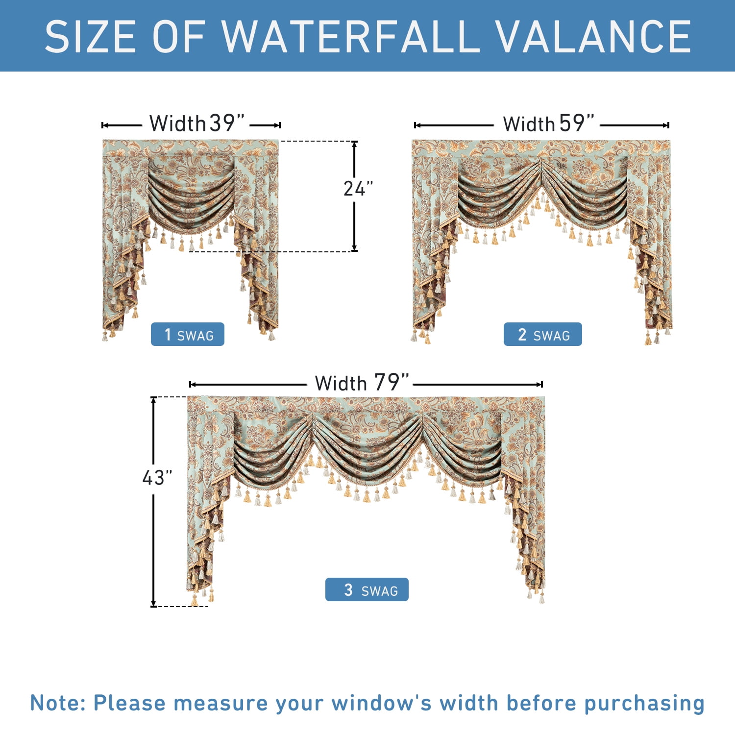 VOGOL Sky Blue Damask Valance, Baroque Swag Curtains with Beaded Trim, 59x43 Inches for Bedroom