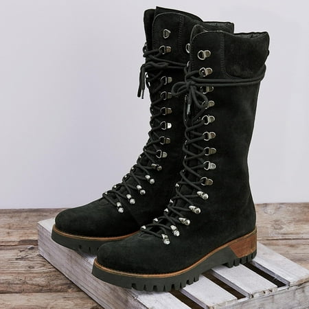 

Egmy Women Boots Winter Strap Chunky Heels Lace Up Slip On Retro Ladies Footwear Casual Shoes