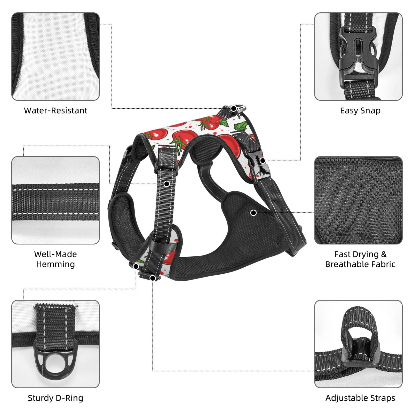 Kdxio Hand Drawn Tomatoes Print No Pull Dog Harness Adjustable Reflective Oxford Easy Control Medium Large Dog Harness for Training and Everyday-Small