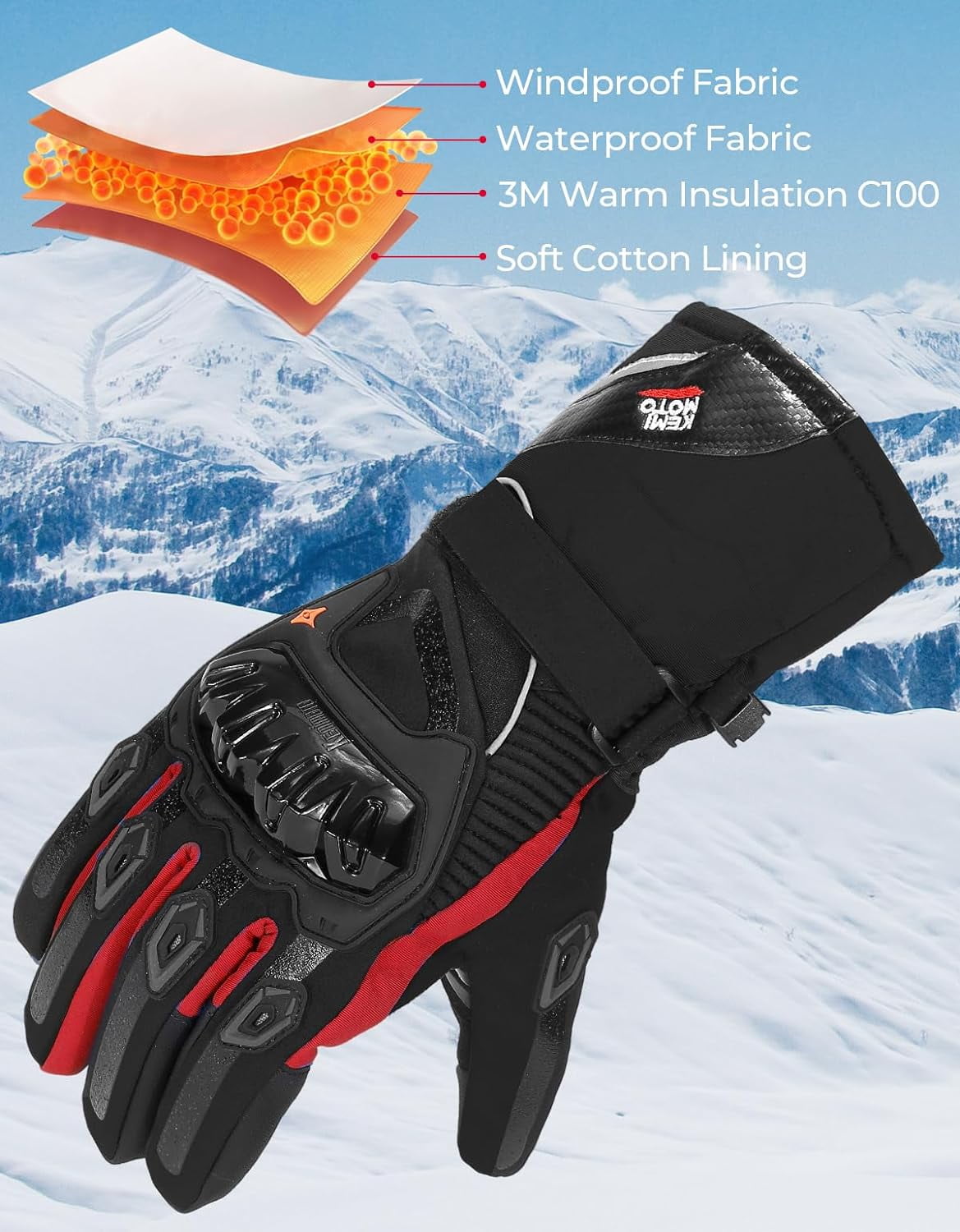 KEMIMOTO Thermal Winter Motorcycle Gloves Riding Gloves Warm Touchscreen for Men Women ATV UTV Snowmobile - Red, XX-Large