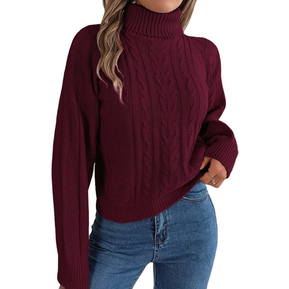 Women'S Sweater Round Neck Texture Button Lantern Sleeve Tops Pullover Knit Wine Red L