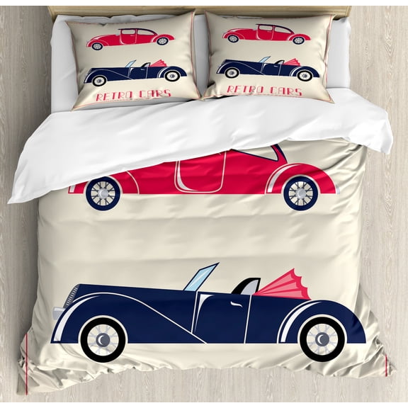 Cars Duvet Cover Set King Size, Old Fashioned Cars Convertible Urban Vehicles Classical Roadsters, Decorative 3 Piece Bedding Set with 2 Pillow Shams, Dark Coral Night Blue Pink, by Ambesonne