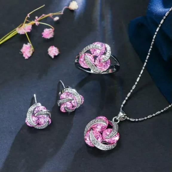 Beauty Pink CZ Round Pendant Necklace Earrings Ring Women Fashion Jewelry Set
