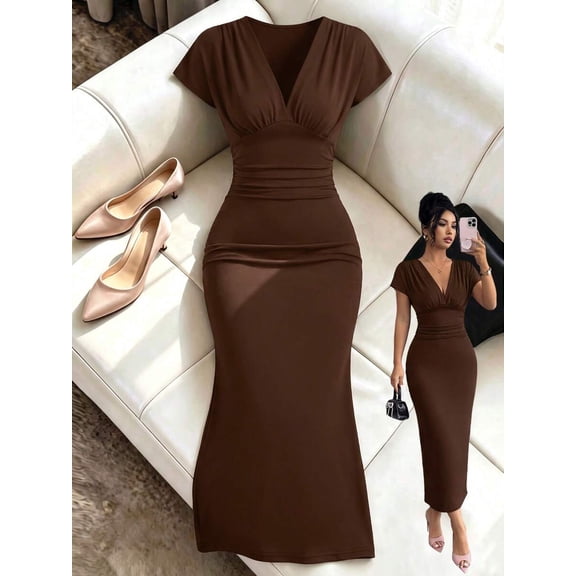 Women Deep V Neck Short Sleeve Midi Dress Ruched Waist Bodycon Dress for Office Date Party Dinner