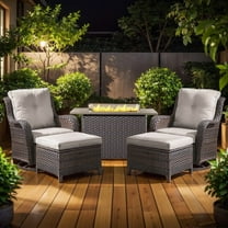 Gymojoy 5-Piece High Back Outdoor Wicker Conversation Set with Swivel Chairs, Ottoman & 50,000 BTU Fire Pit Table - Patio Furniture Set for Deck, Porch, Poolside